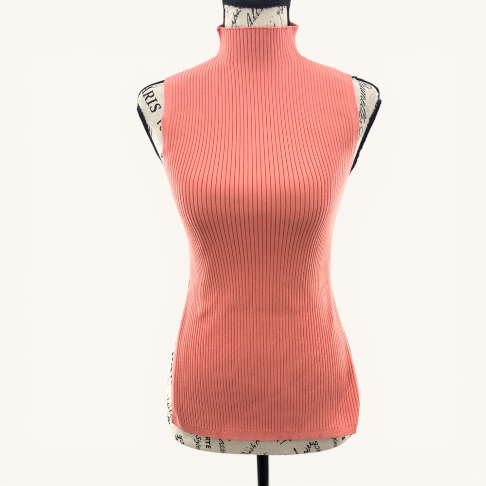 Babaton Ribbed Sleeveless Mock Neck Top Open Back Tie Coral M‎